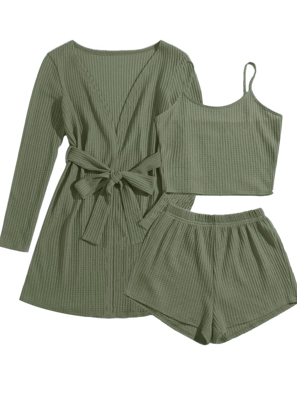 3-Piece Waffle Lounge Set — Olive Robe, Cami & Shorts